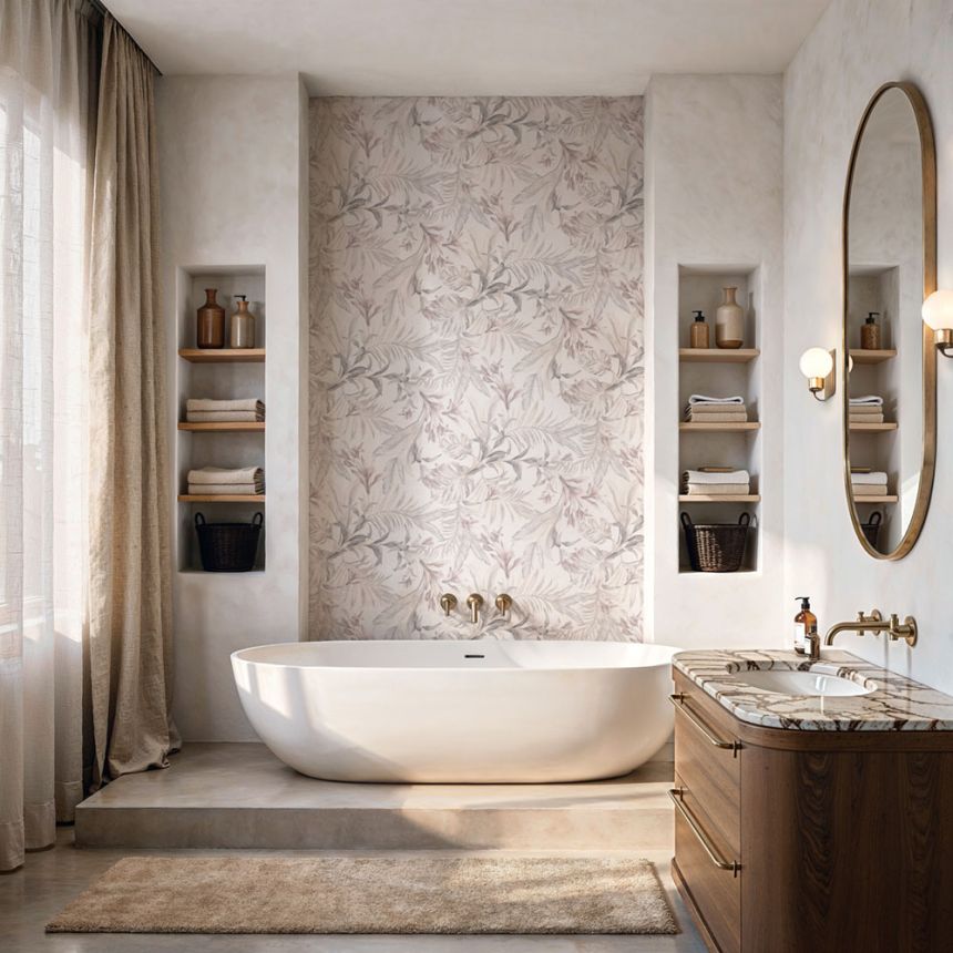 Tapete mit Blättern und Blüten, beige, braun, 89052, Pia, Novamur