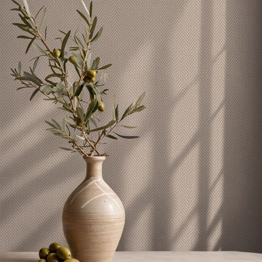 Tapete in Stoffoptik mit Fischgrätenmuster, creme-beige, braun, 37006, Camargue, Marburg