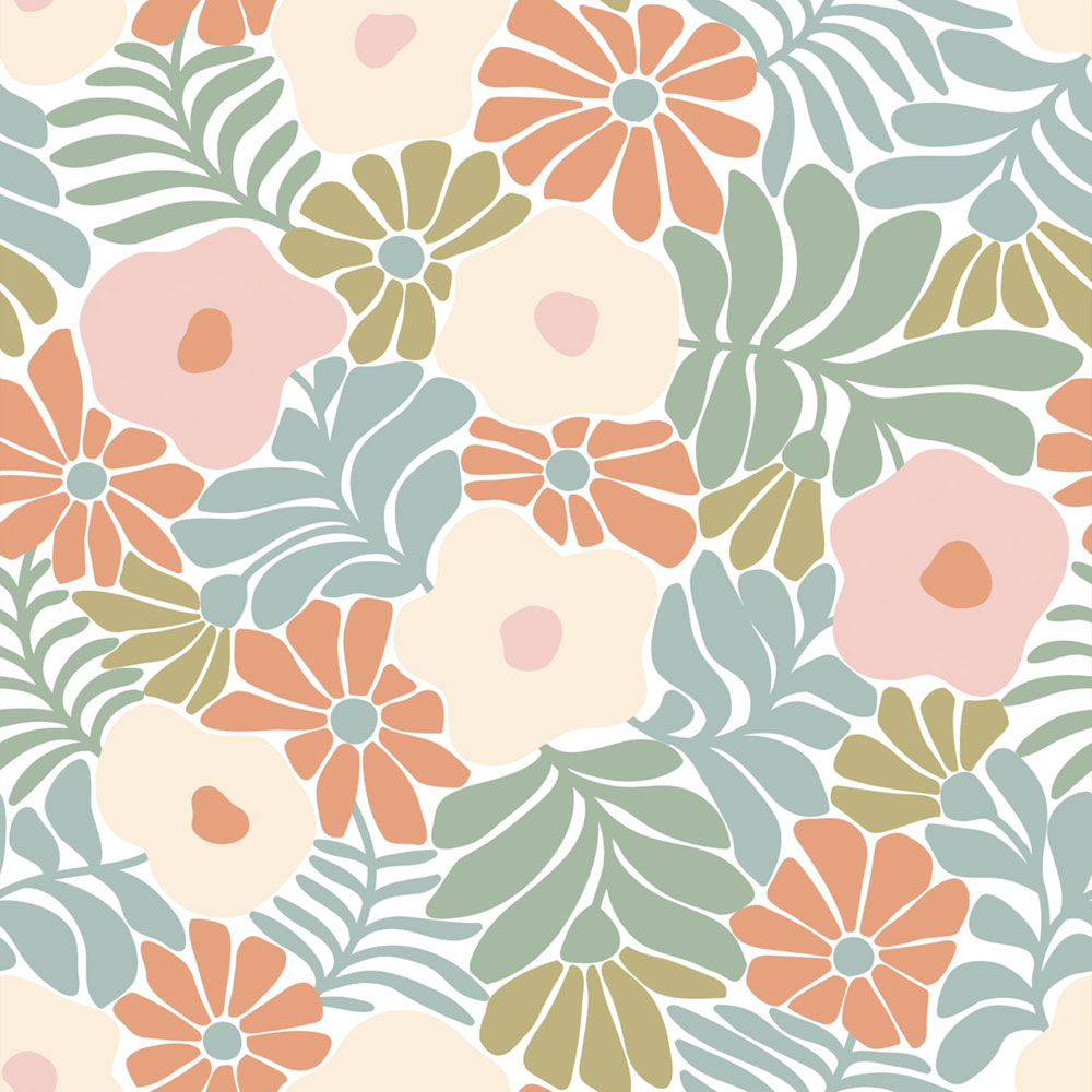 Tapete mit Blumen und Blättern, grau-blau, orange, 131004, Color Pop, Esta Home