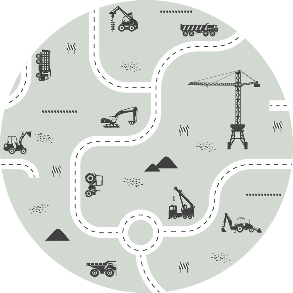 Selbstklebende kreisförmige Tapete Straßen, Traktoren, Kräne 159066, Durchmesser 70 cm, Forest Friends, Esta