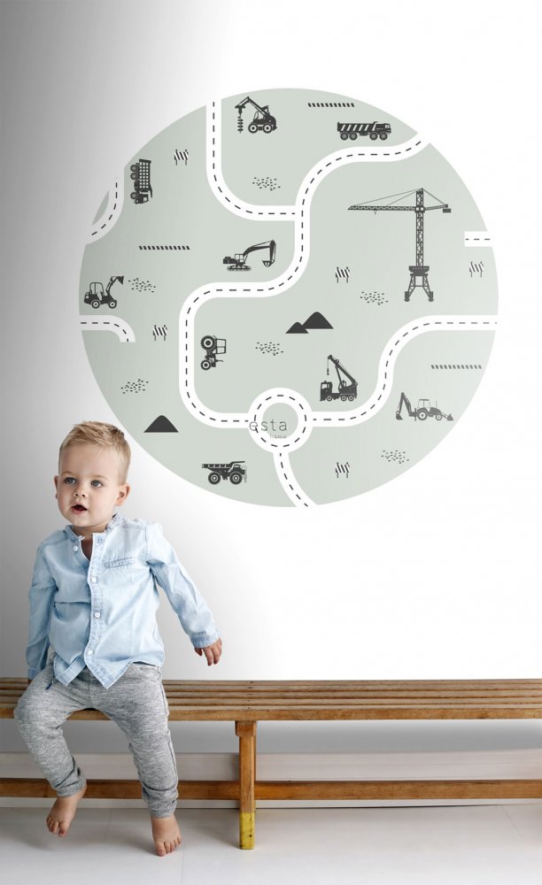 Selbstklebende kreisförmige Tapete Straßen, Traktoren, Kräne 159066, Durchmesser 70 cm, Forest Friends, Esta
