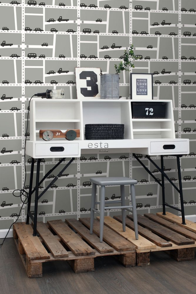 Graue Vliestapete für Jungen Autos, Straßen 139282, Forest Friends, Esta