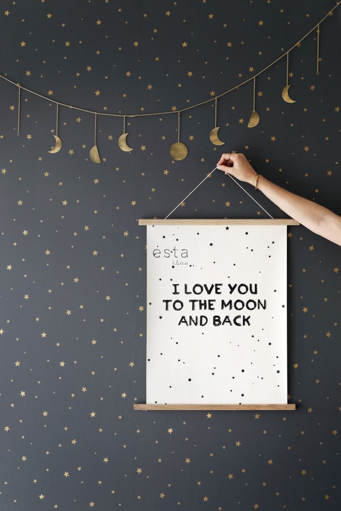 Graublaue Vliestapete mit goldenen Sternen 139261, Forest Friends, Esta