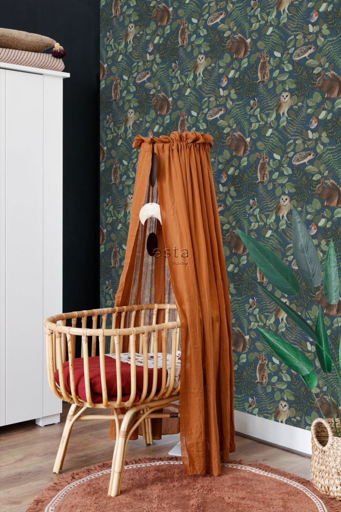 Blaue Vlies Kindertapete für die Wand Waldtiere 139250, Forest Friends, Esta