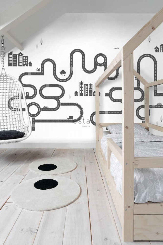 Schwarz-weiße Vliestapete für die Wand Straße 158835, 1,395 x 2,79 m, Little Bandits, Esta