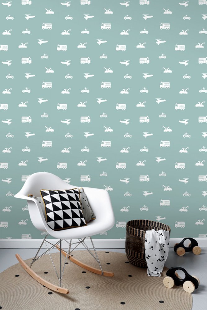Türkis Vliestapete für Jungen Autos, Helikopter 128864, Little Bandits, Esta