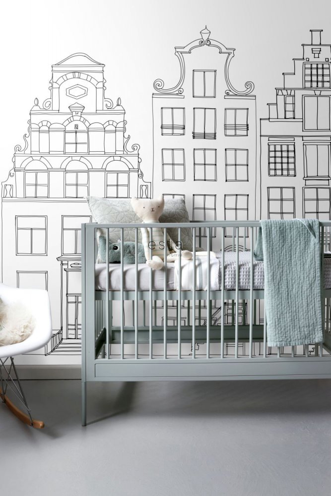 Schwarz-weiße Vliestapete für die Wand kleiner Häuser 158833, 1,395 x 2,79 m, Little Bandits, Esta