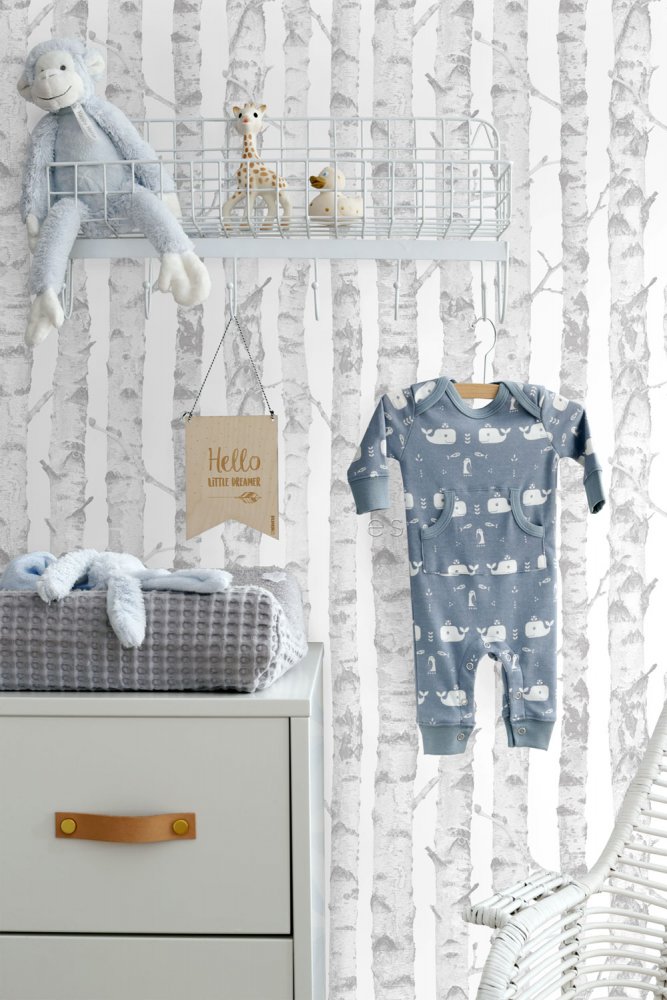 Grau-weiße Vliestapete für die Wand Bäume 138944, Little Bandits, Esta