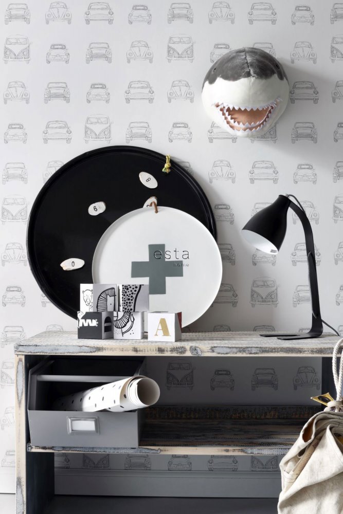 Schwarz-weiße Vliestapete für die Wand Autos 138941, Little Bandits, Esta