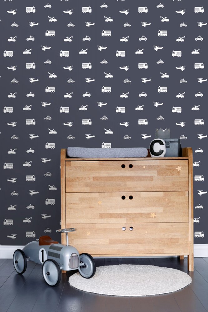 Blau-weiße Vliestapete für Jungen Autos, Hubschrauber 138916, Little Bandits, Esta