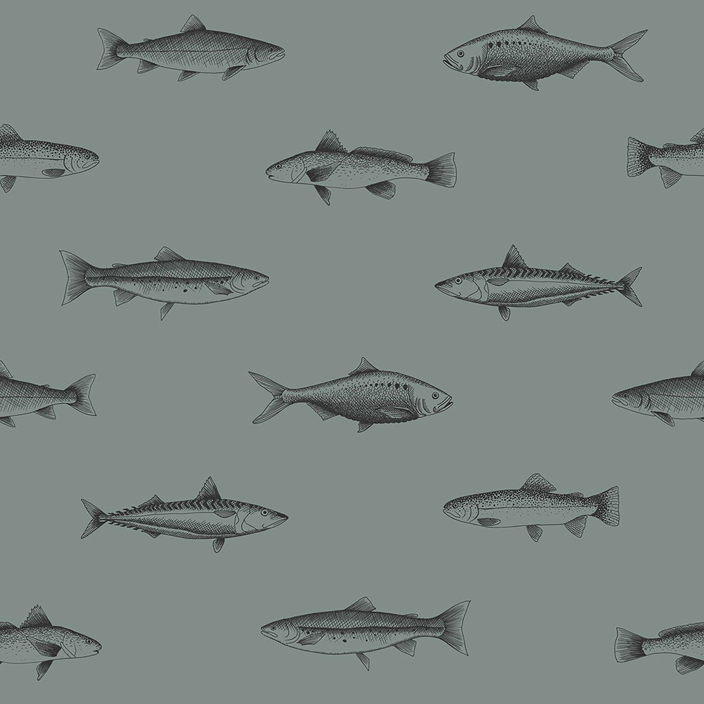 Blaugrüne Vliestapete mit schwarzen Fischen 128874, Regatta Crew, Esta Home