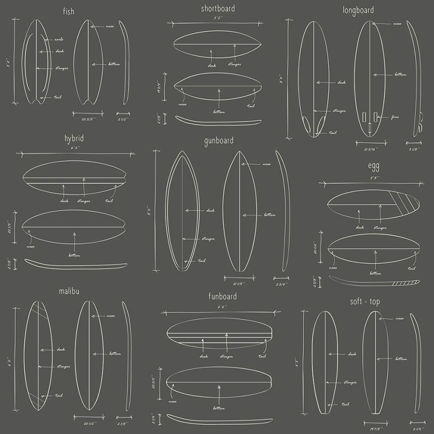 Schwarze Vliestapete mit Surfbrettskizzen  128872, Regatta Crew, Esta Home