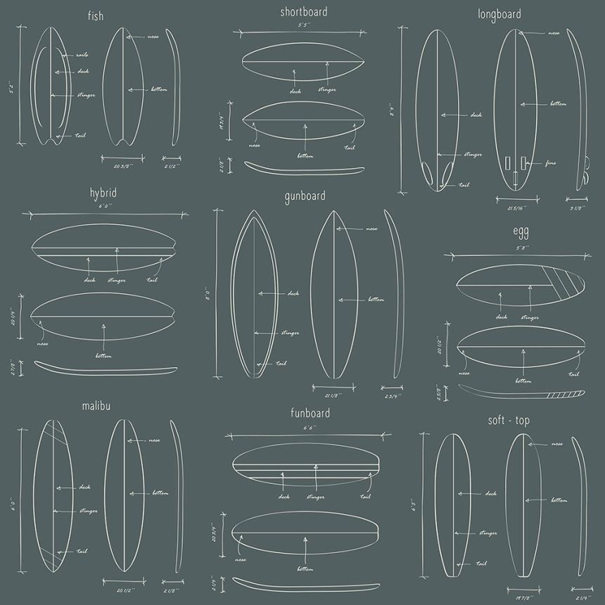 Graugrüne Vliestapete mit Surfbrettskizzen  128870, Regatta Crew, Esta