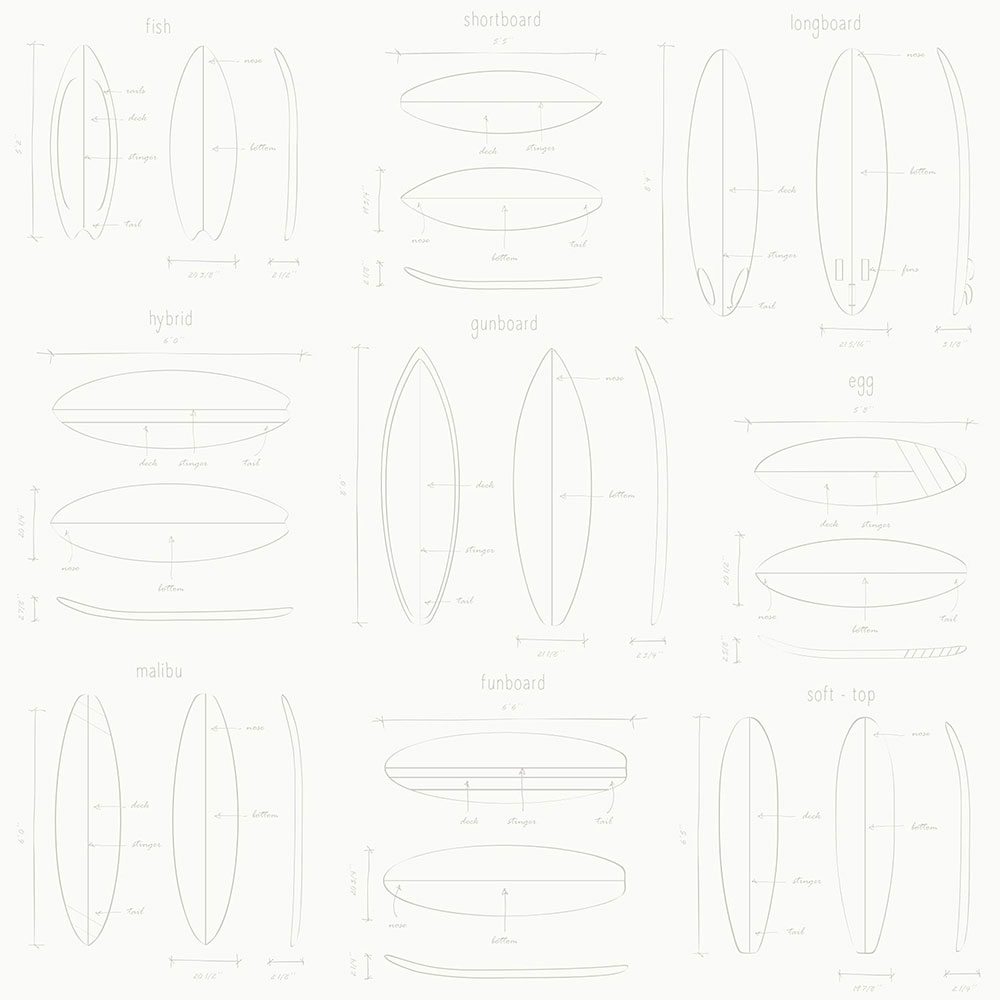 Natürliche Vliestapete mit Surfbrettskizzen 128869, Regatta Crew, Esta