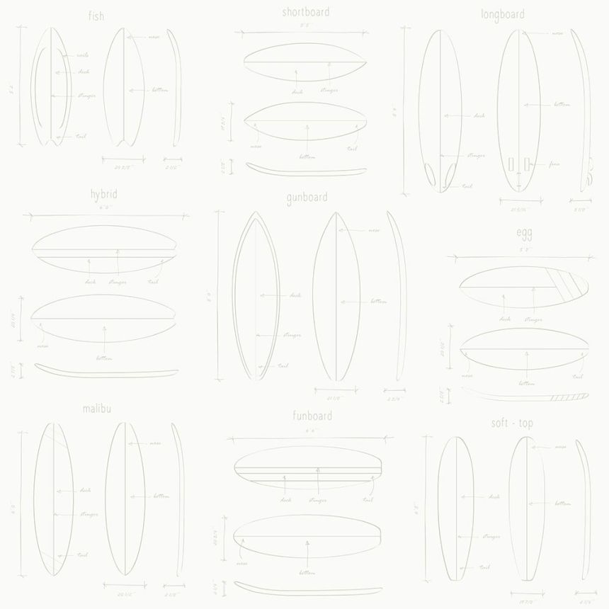 Natürliche Vliestapete mit Surfbrettskizzen 128869, Regatta Crew, Esta