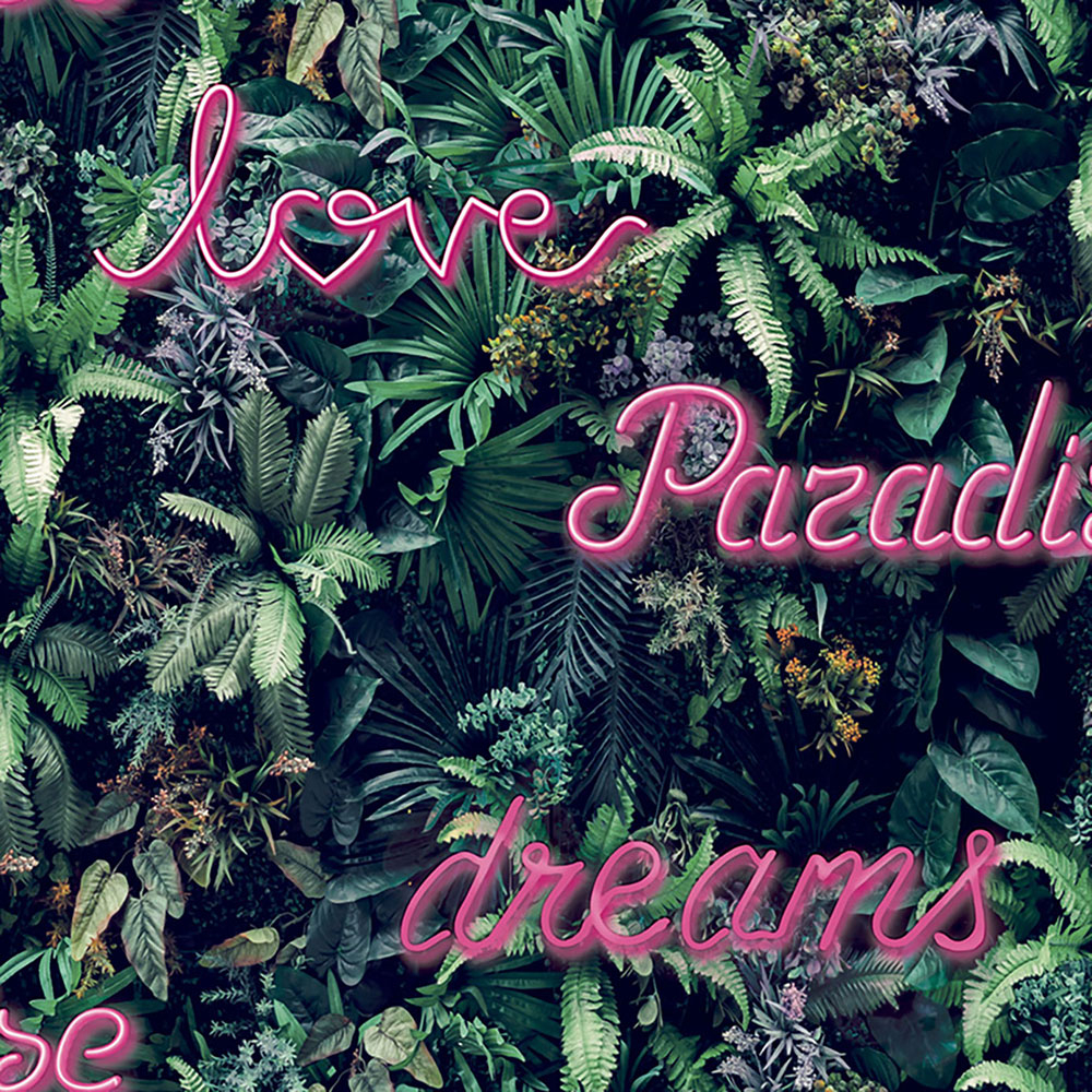 Vliestapete mit tropischen Blättern, Neonschriftzug GV24210, Good Vibes, Decoprint