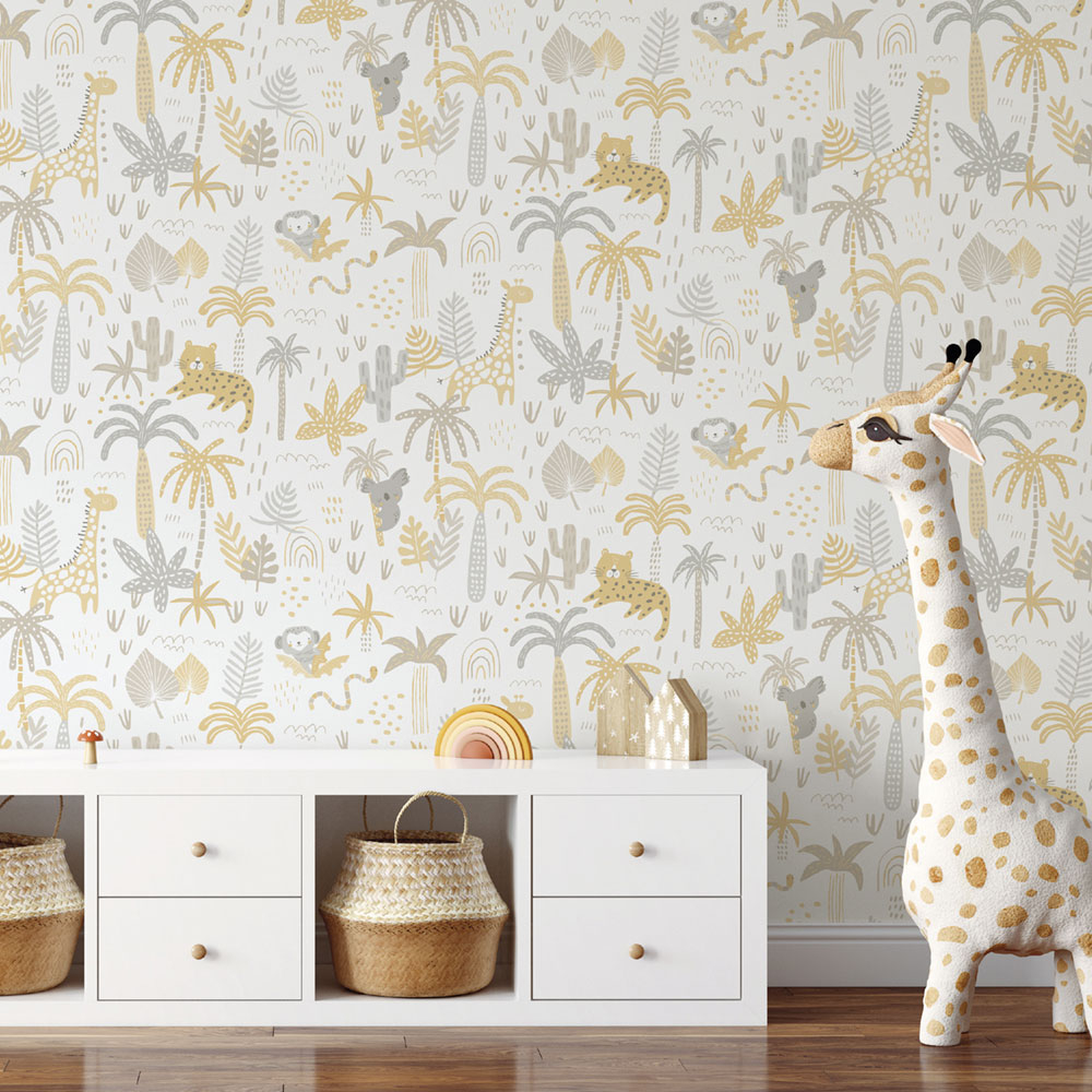 Papier, Kindertapete mit Tieren, Palmen und Blättern 454-1, Pippo, ICH Wallcoverings