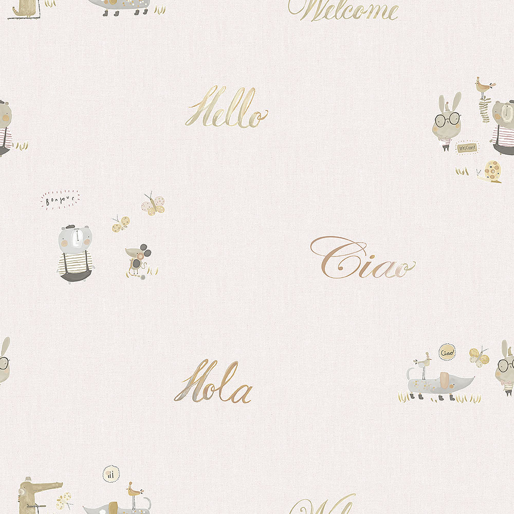 Cremefarbene Kindertapete mit Tieren und Texten 3353-3, Oh lala, ICH Wallcoverings