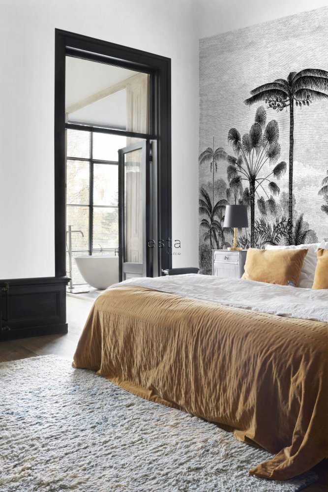 Schwarz-weiß Fototapete - Dschungel, Palmen, Tapete Wandbilder 158952, 350x279cm, Paradise, Esta