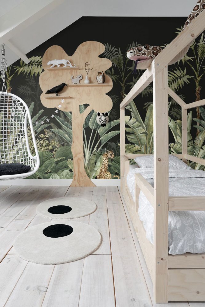 Fototapete - Dschungel, Palmen, tropische Blätter, Leopard, Tapete Wandbilder  158950, 300x279cm, Paradise, Esta