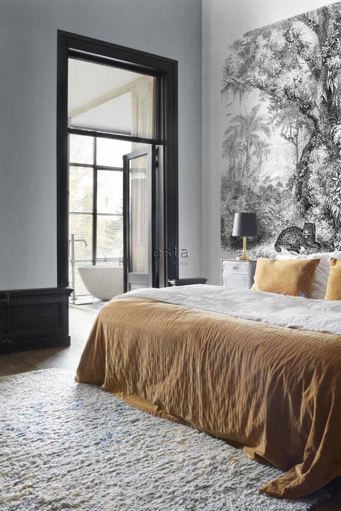 Schwarz-weiß Fototapete - Leopard im Dschungel, Tapete Wandbilder 158945, 200x279cm, Paradise, Esta