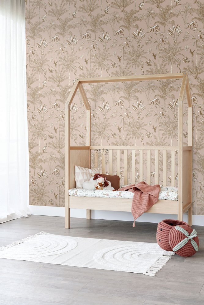 Rosa Tapete - Affen, Palmen, tropische Blätter, Vliestapete 158943, Paradise, Esta Home