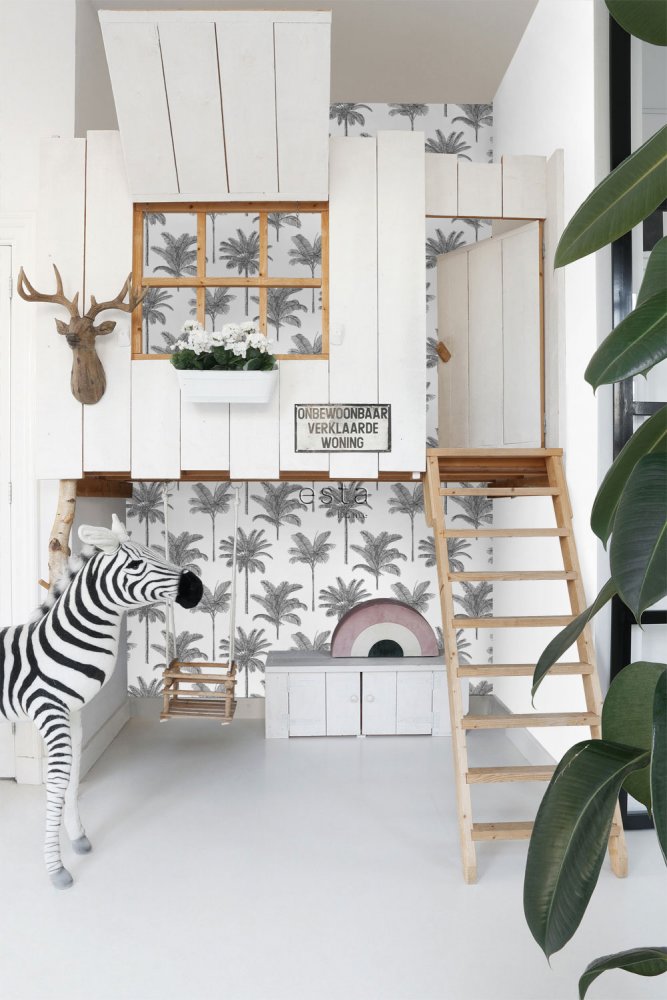 Schwarz-weiße Tapete mit Palmen, Vliestapete 139162, Paradise, Esta Home