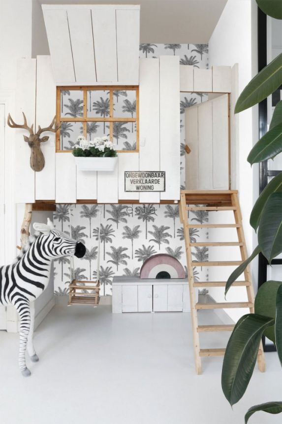 Schwarz-weiße Tapete mit Palmen, Vliestapete 139162, Paradise, Esta Home