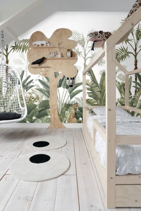 Fototapete - Dschungel, Palmen, tropische Blätter, Leopard, Tapete Wandbilder 158951, 300x279cm, Paradise, Esta