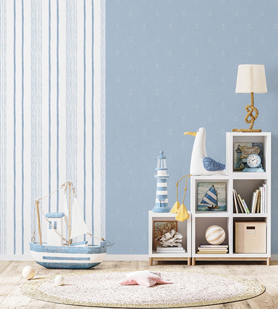 Weiße Tapete mit blauen Streifen, Vliestapete M33311, My Kingdom, Ugépa