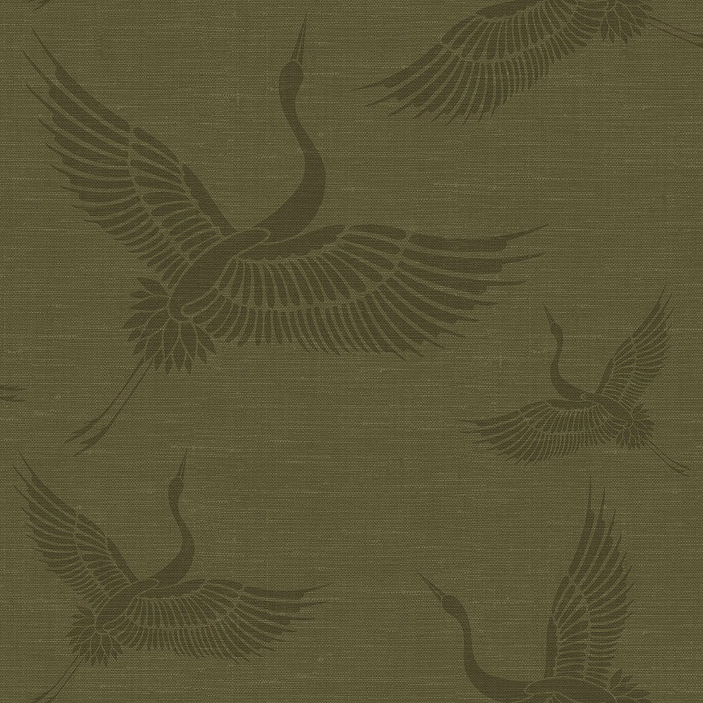Grüne/khaki Tapete - Vögel, Kraniche - Stofftextur, Vliestapete 347758, Natural Fabrics, Origin