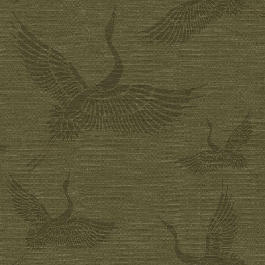 Grüne/khaki Tapete - Vögel, Kraniche - Stofftextur, Vliestapete 347758, Natural Fabrics, Origin