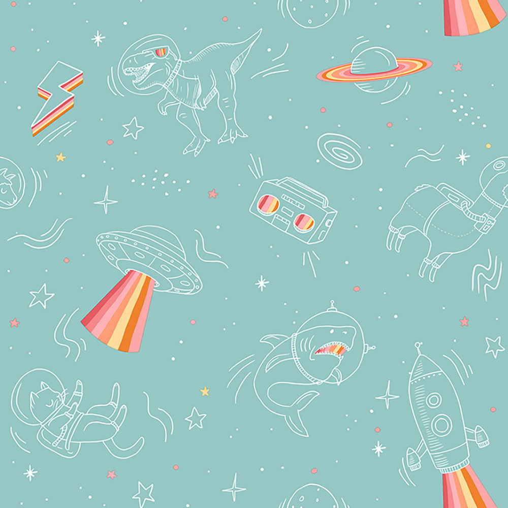 Grüne Kindertapete - Tiere und Dinosaurier im Universum, Vliestapete M36804, My Kingdom, Ugépa