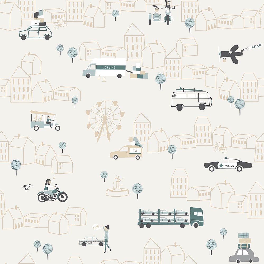 Creme Kindertapete für Jungen, Stadt, Autos 7002-2, Noa, ICH Wallcoverings
