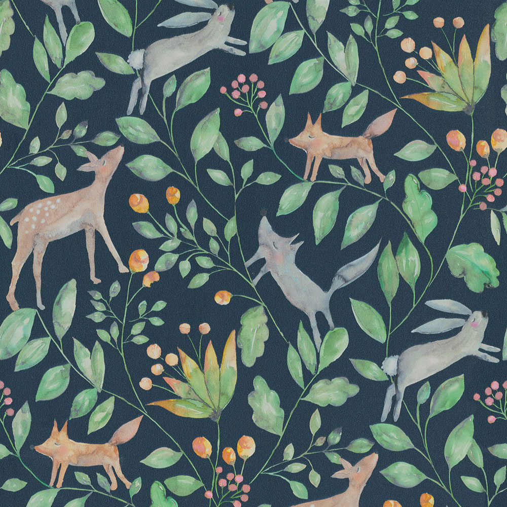 Schwarze Kindertapete mit Waldtieren 220704, Doodleedo, BN Walls