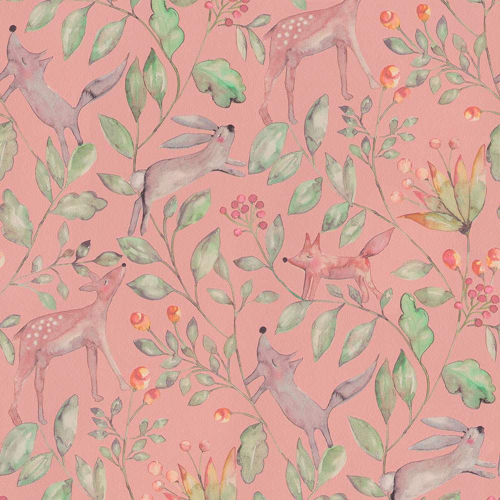 Rosa Kindertapete mit Waldtieren 220702, Doodleedo, BN Walls