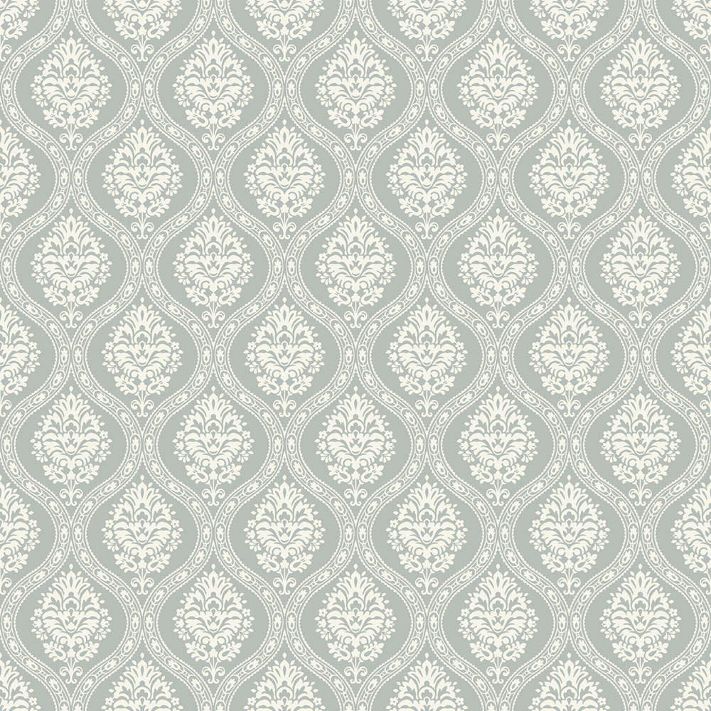 Grau-grüne vorgeklebte Tapete, weißes Damastmuster DM5028, Damask, York