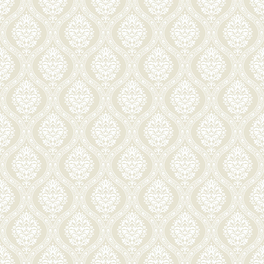 Beige vorgeklebte Tapete, weißes Damastmuster DM5025, Damask, York