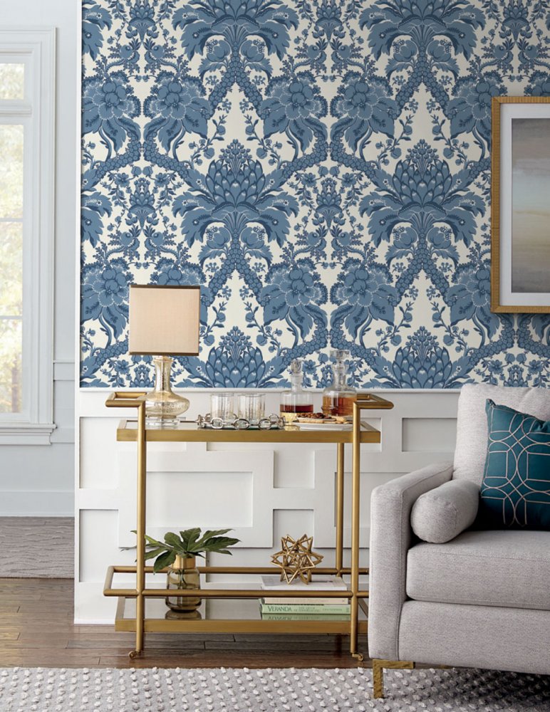 Blau-weiße vorgeklebte Tapete, Ornamenten DM4951, Damask, York