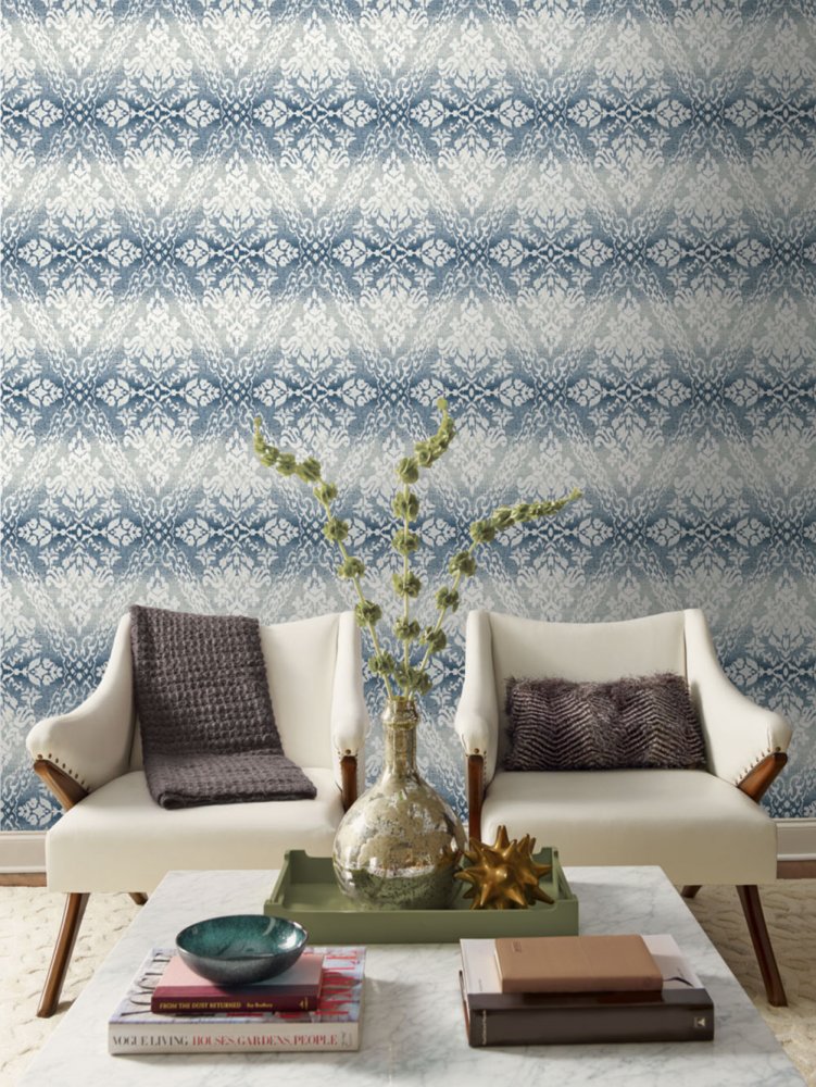 Blaugraue vorgeklebte Tapete, Damastmuster DM4932, Damask, York