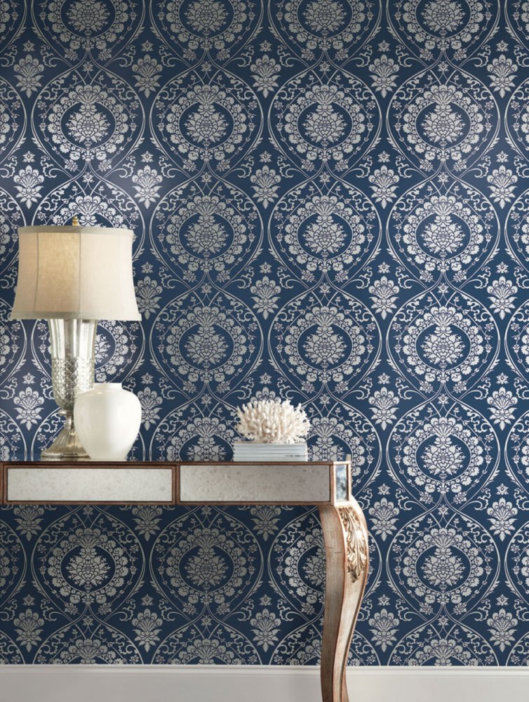 Blaue vorgeklebte Barocktapete DM4901, Damask, York