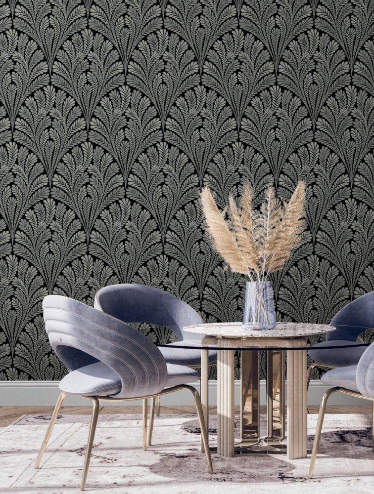Schwarze vorgeklebte Tapete, Metallic-Blätter BW3951, Damask, York