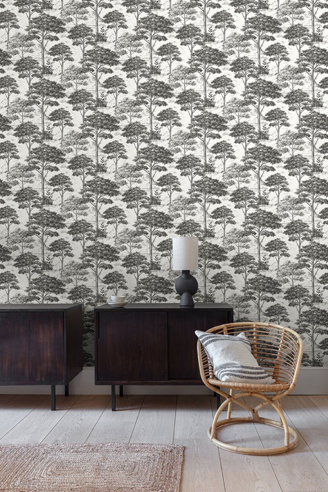 Schwarz-Weiß-Tapete, Wald, Bäume MN3013, Maison, Grandeco